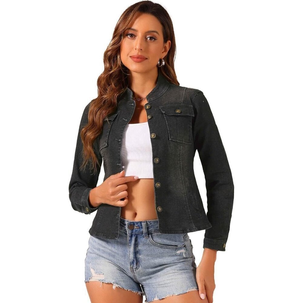 Women's Casual Denim Jacket Classic Stand Collar Long Sleeve Jean Jacket Black
